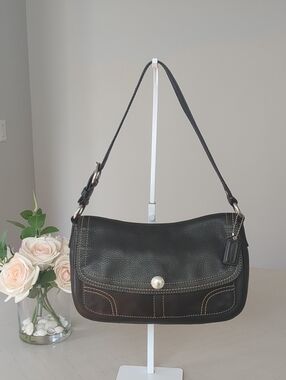 Coach Chelsea Black Pebble Leather Shoulder Bag with Silver Hardware
